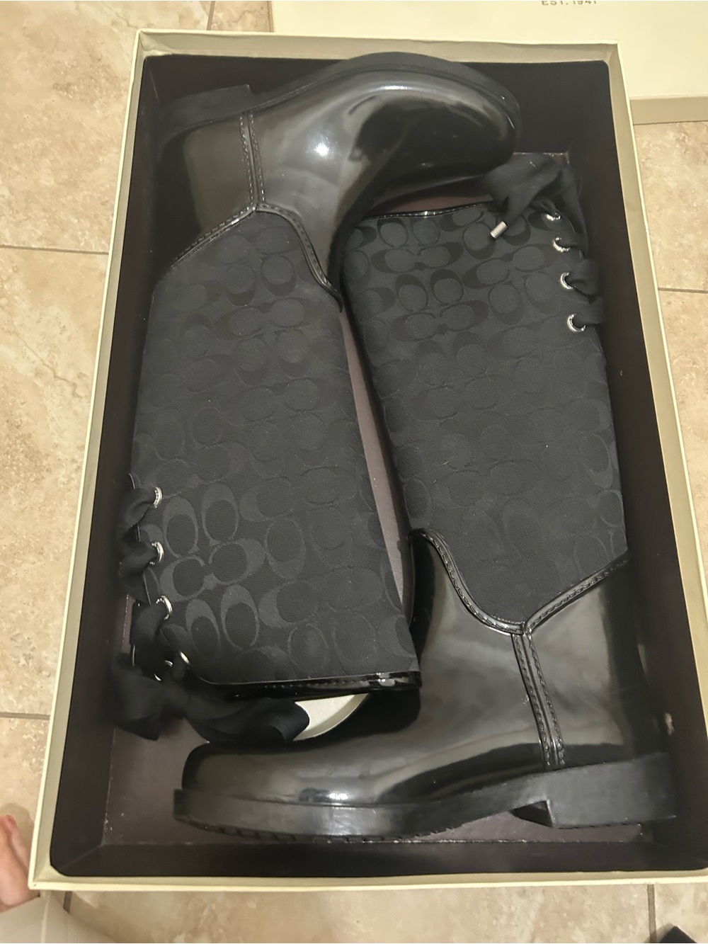 Coach Tristee Black Signature Knee High Rain Boots with Black Ribbon - Picture 13 of 13